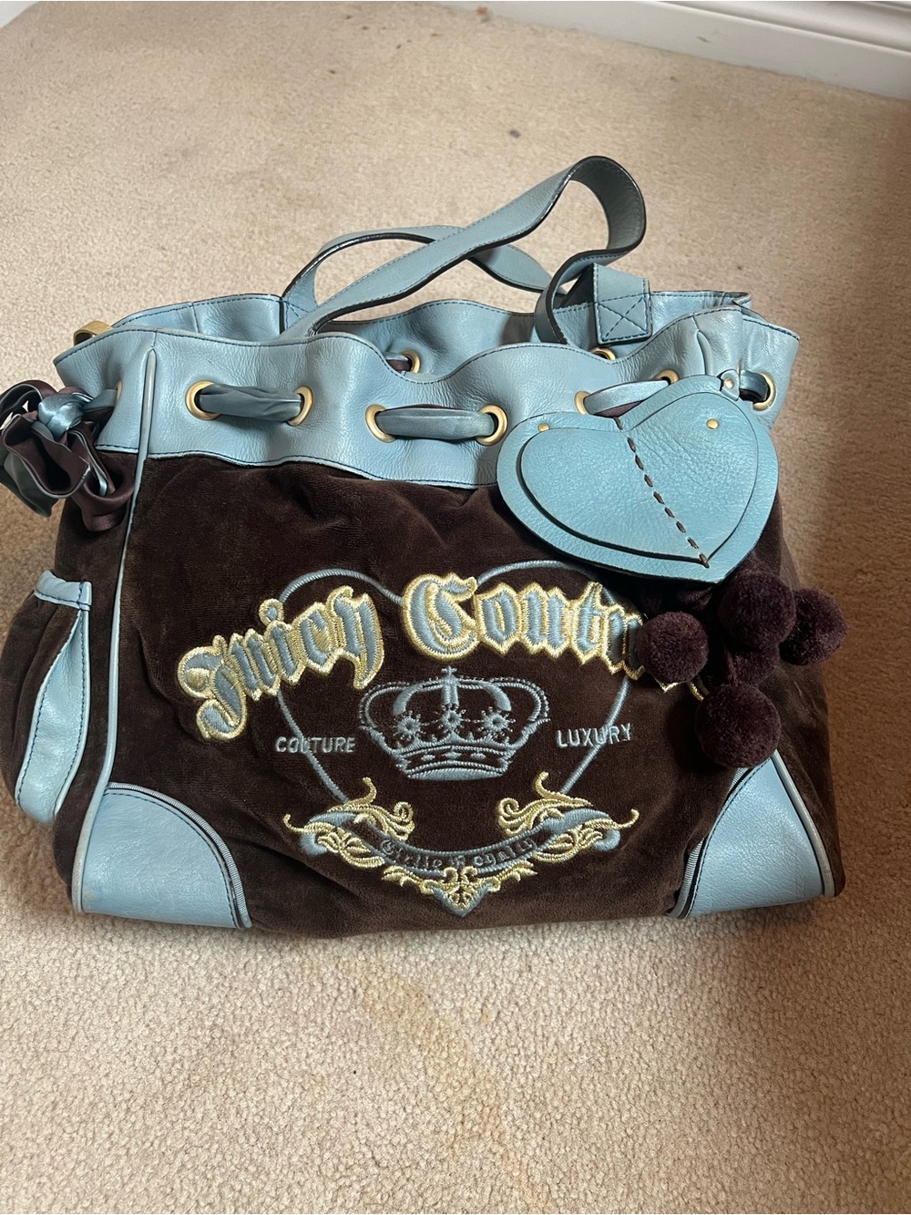Juicy Couture Brown Velour Tote with Light Blue Leather Accents